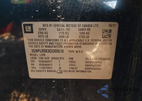 2012 Chevrolet Equinox 1Lt из США, поврежденный, VIN 2GNFLEEK3C6365610